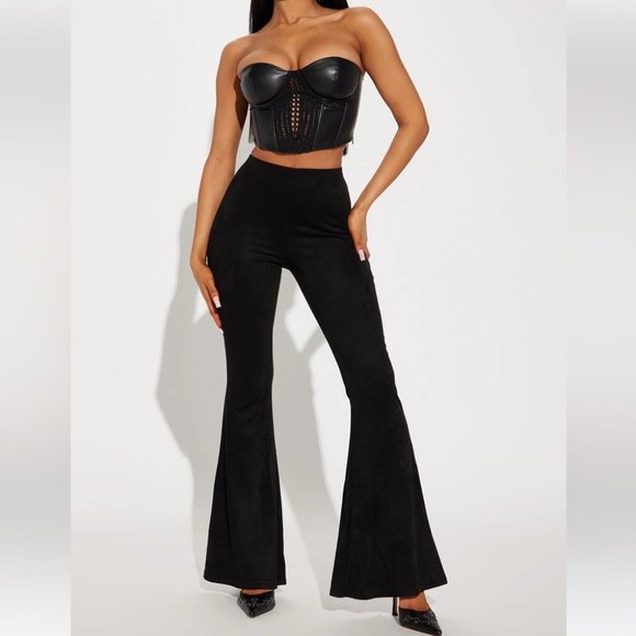 Fashion Nova Dear Dance Black Wren Suede Faux Suede Wide Leg Flare Pants - Picture 1 of 12